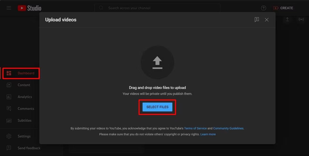 Окно загрузки файла в YouTube Studio с кнопкой Select Files