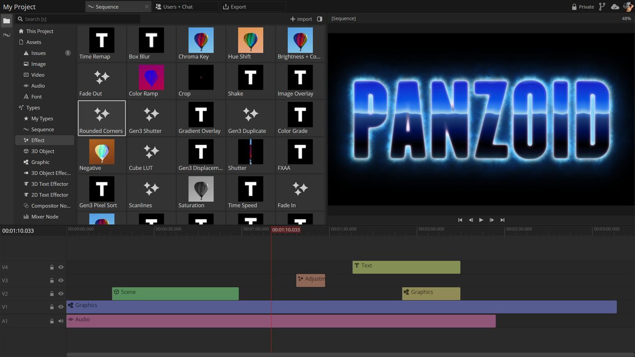 Интерфейс Panzoid с предпросмотром, слоями и таймлайном