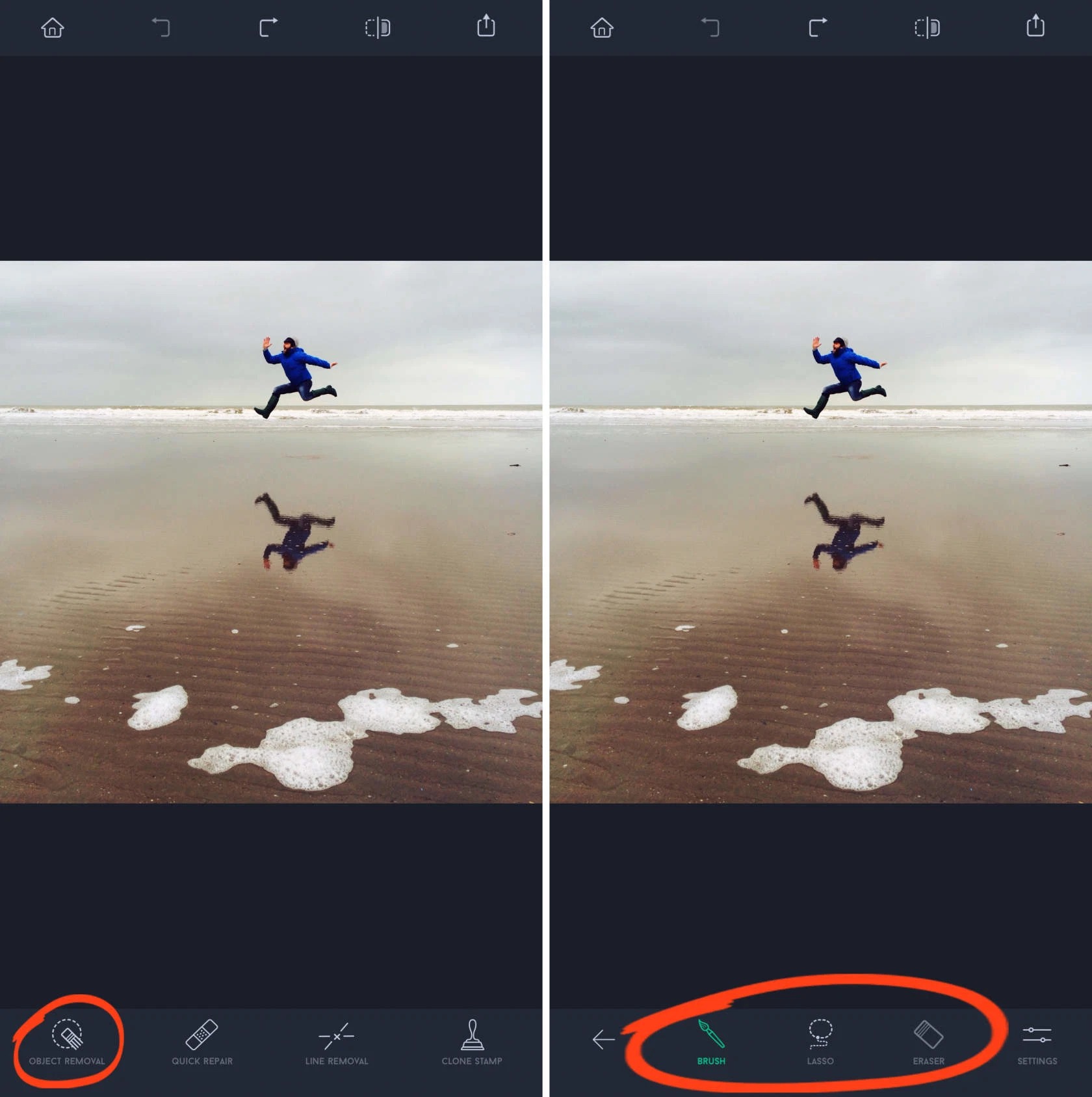 Интерфейс TouchRetouch с Object Removal и инструментами Brush Lasso Eraser