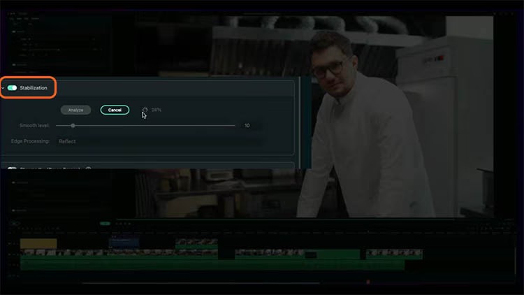 Инструмент Stabilization в Wondershare Filmora с анализом и настройками сглаживания