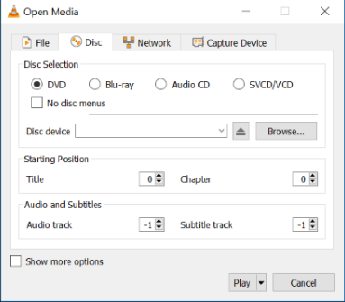 Окно Open Media в VLC с вкладкой Disc и пунктом Audio CD