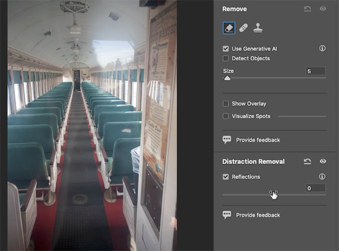 Панель Remove и Distraction Removal с настройкой Reflections в Adobe Camera Raw