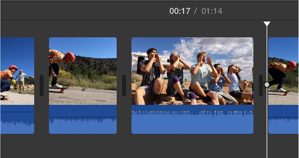 Фрагменты на таймлайне iMovie с видеорядом и звуковой волной