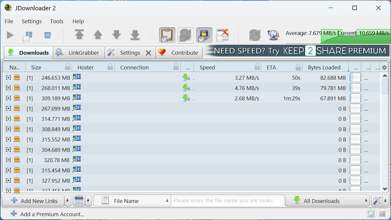 Главное окно JDownloader 2 со списком загрузок