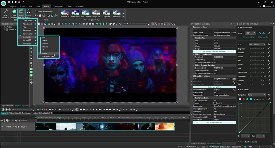 Выбор Glitch в меню Special FX редактора VSDC