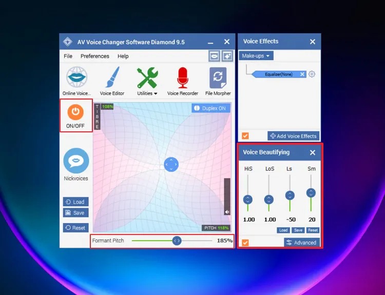 Интерфейс AV Voice Changer Software Diamond 9.5 с графиком тембра и высоты