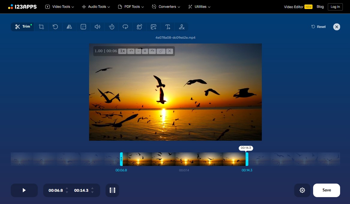 Интерфейс Online Video Cutter 123apps с маркерами начала и конца на временной шкале