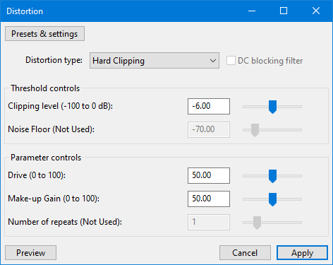 Окно Distortion в Audacity с типом Hard Clipping и регуляторами клиппинга