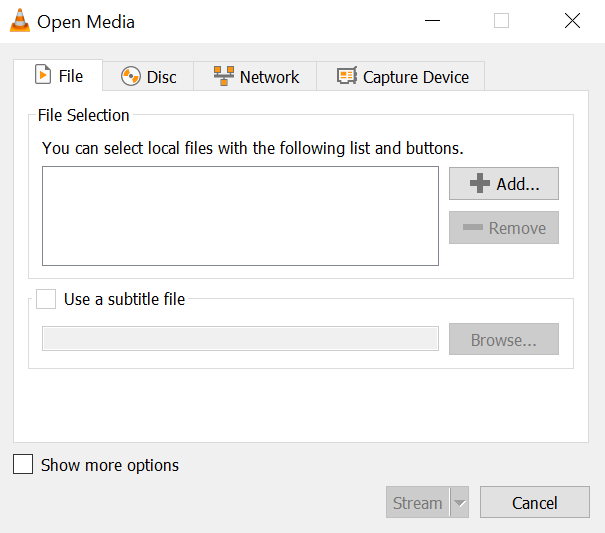 Окно Open Media в VLC с вкладкой File и кнопкой Add