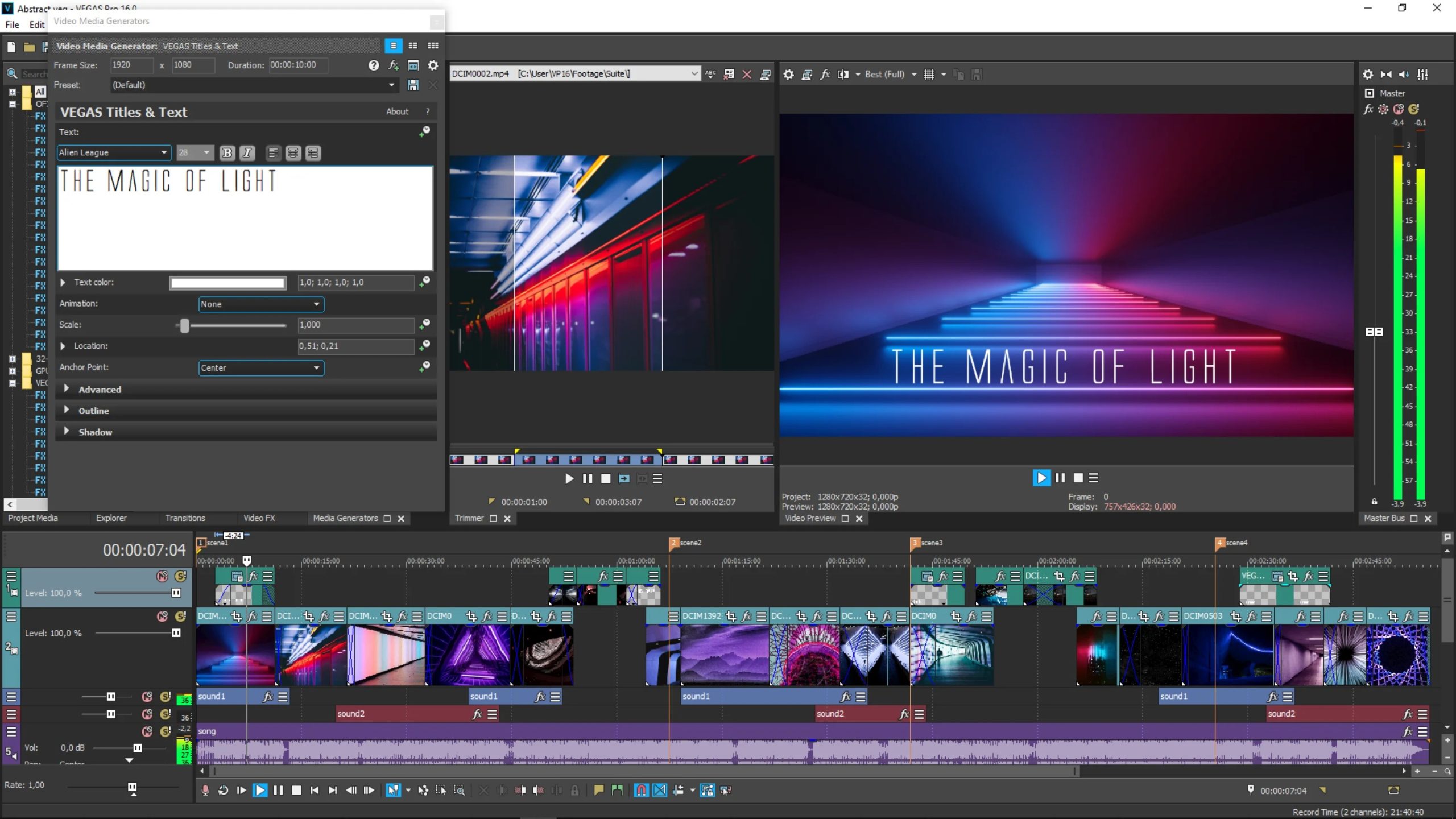 Интерфейс VEGAS Pro с таймлайном и титром в окне предпросмотра