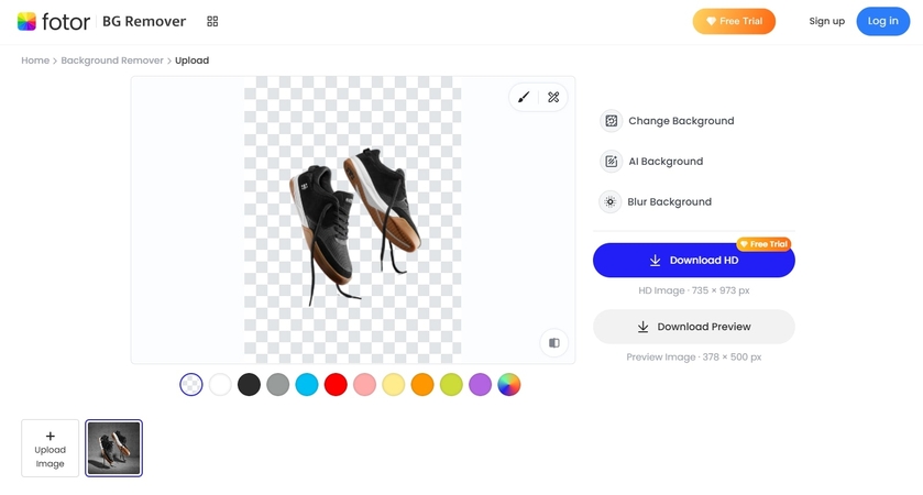 Интерфейс Fotor Background Remover с вырезанным объектом на прозрачном фоне
