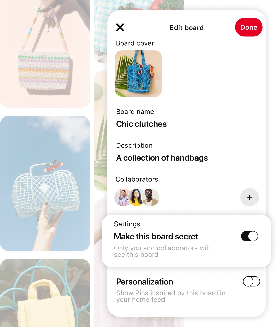 Настройки доски Pinterest с переключателем секретной доски