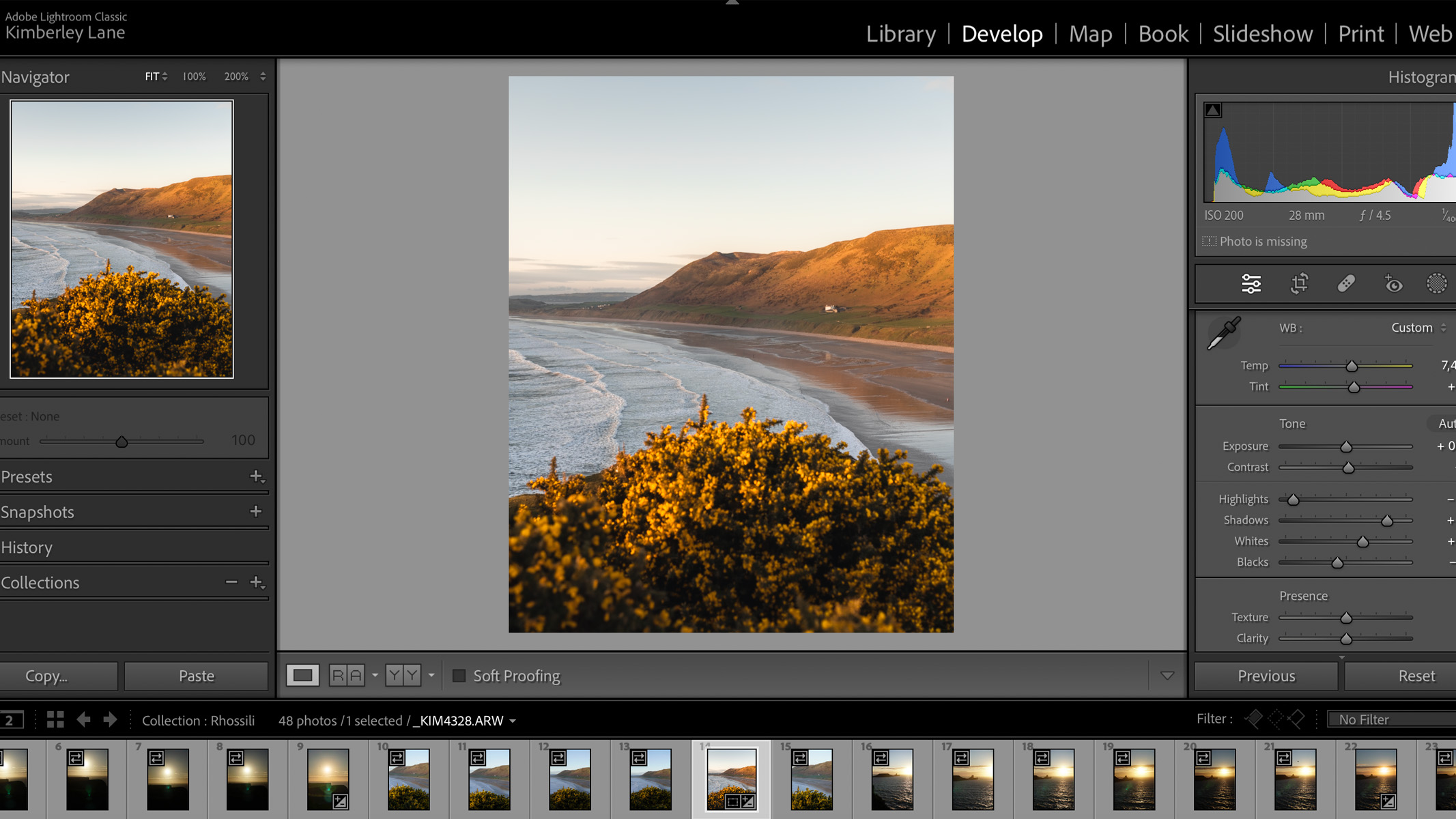Модуль Develop в Adobe Lightroom Classic с фотографией и панелью тональной коррекции