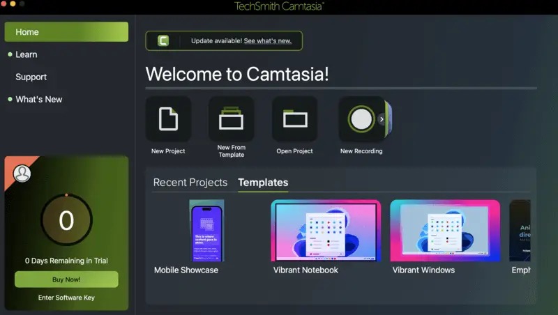 Рабочее окно Camtasia с таймлайном и панелью инструментов