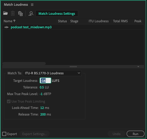 Панель Match Loudness в Adobe Audition с целевым LUFS и True Peak