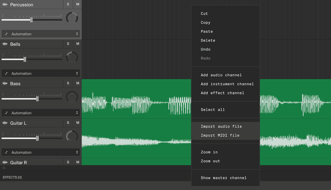Команда Import audio file в Soundation