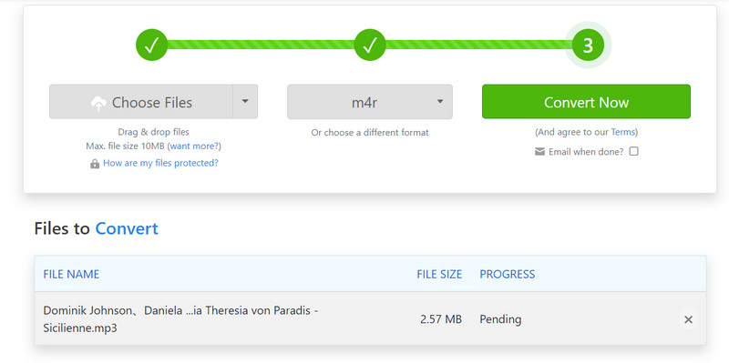 Интерфейс Zamzar с выбором M4R и кнопкой Convert Now