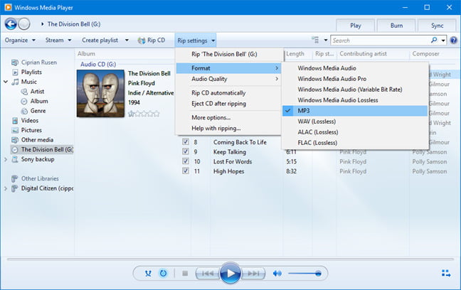 Windows Media Player с аудио CD и открытым меню Rip settings