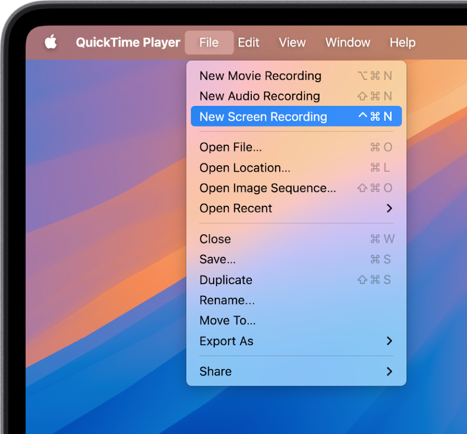 Команда New Screen Recording в меню File программы QuickTime Player