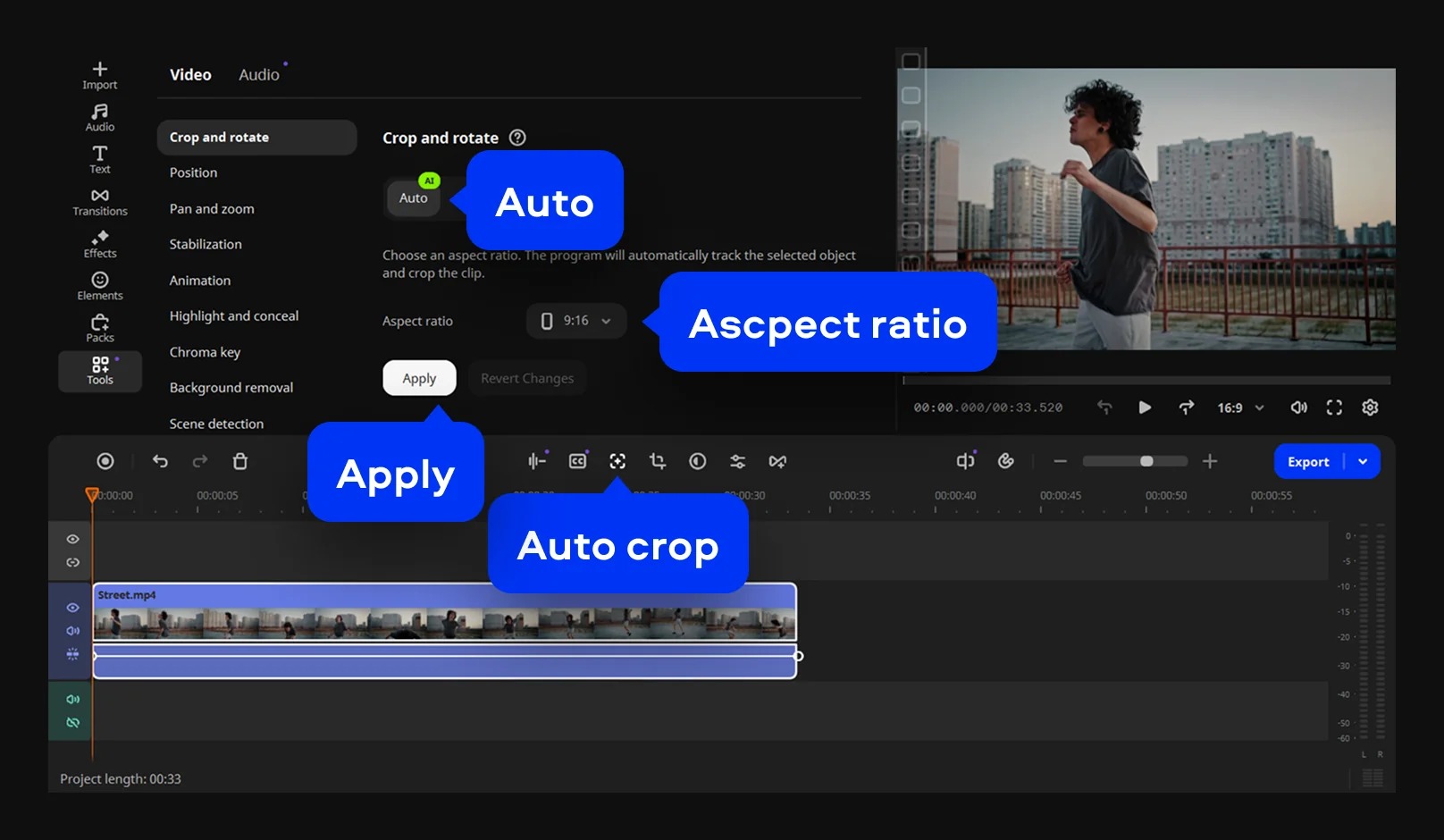 Movavi Video Editor с открытым Auto crop, выбором Aspect ratio и кнопкой Apply