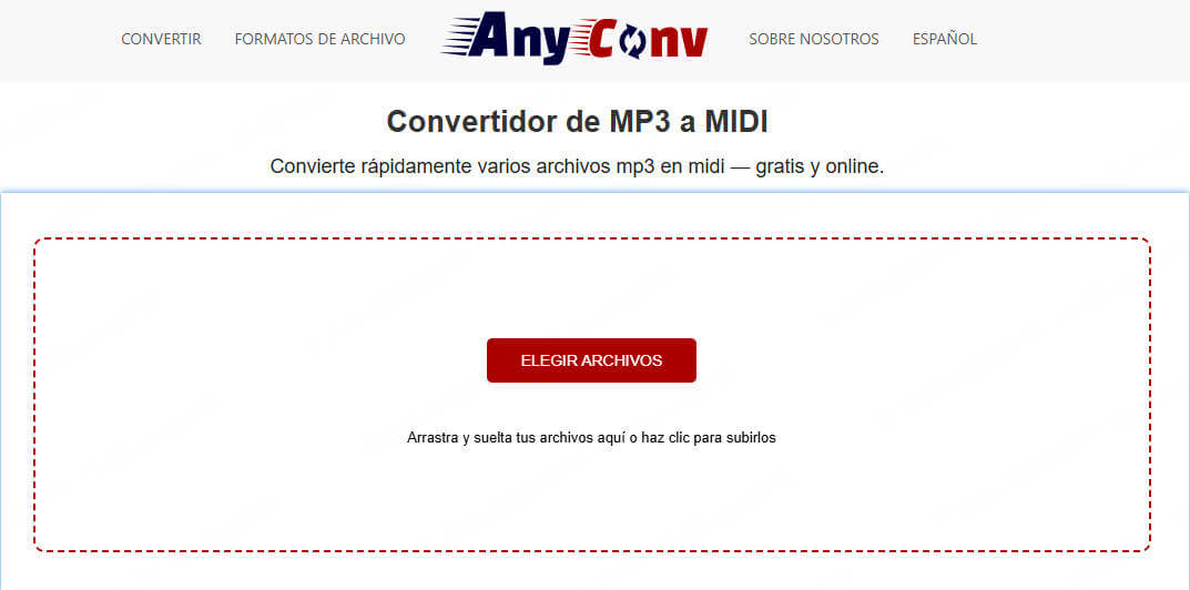 Интерфейс AnyConv MP3 to MIDI с областью выбора файла