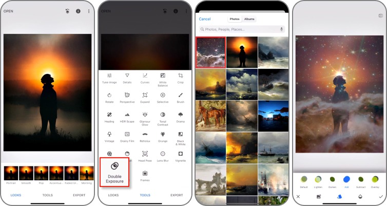 Snapseed с открытым меню Tools, выбранным Double Exposure и примером наложения второго изображения