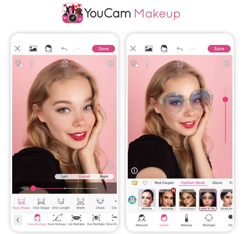 Интерфейс YouCam Makeup с Face Reshape и готовыми образами