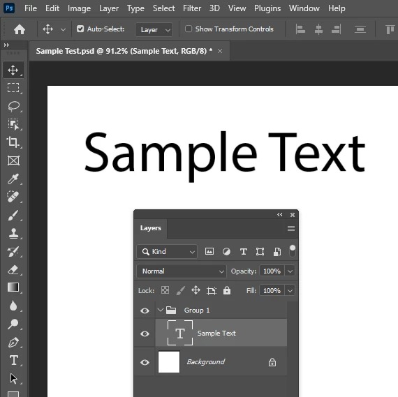 Интерфейс Adobe Photoshop с текстовым слоем и панелью Layers