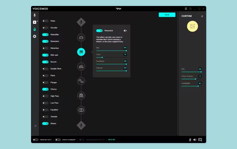 Интерфейс Voicemod с редактором голосовой цепочки VoiceLab