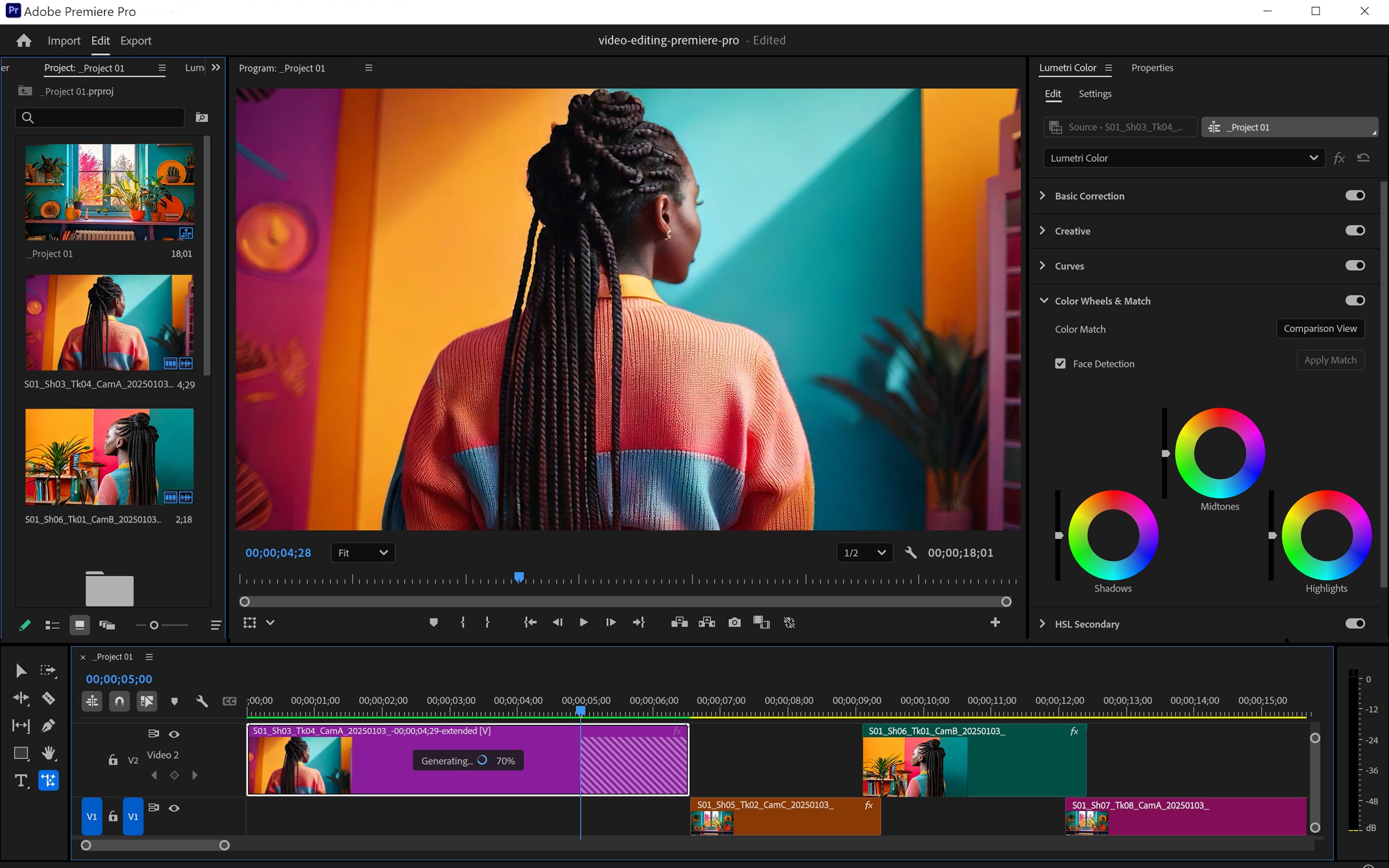 Рабочее пространство Adobe Premiere с окном просмотра и многодорожечным таймлайном