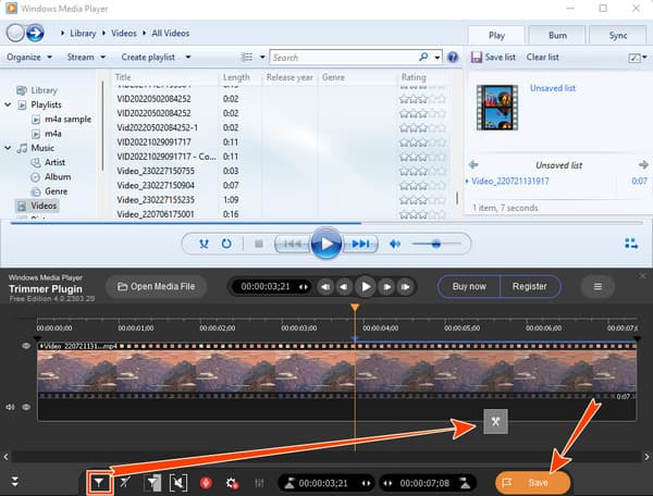 Windows Media Player с панелью SolveigMM WMP Trimmer Plugin и монтажной временной шкалой