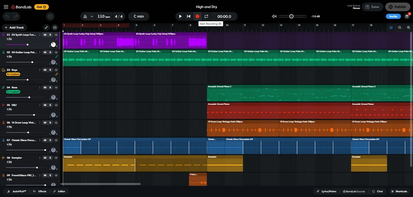 BandLab Studio в браузере с аудио- и MIDI-дорожками на таймлайне