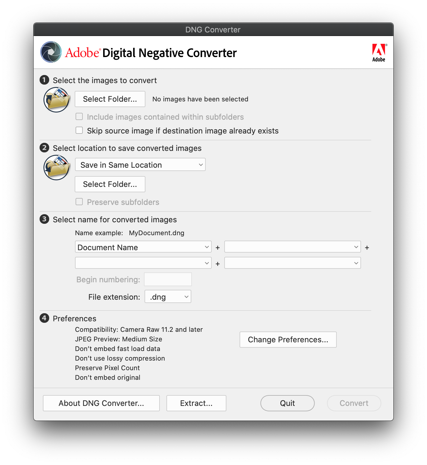 Окно Adobe DNG Converter с выбором исходной и целевой папки