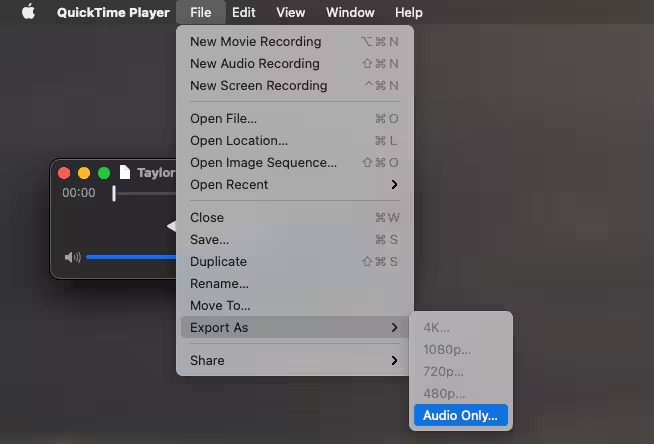 Меню QuickTime Player Export As с пунктом Audio Only