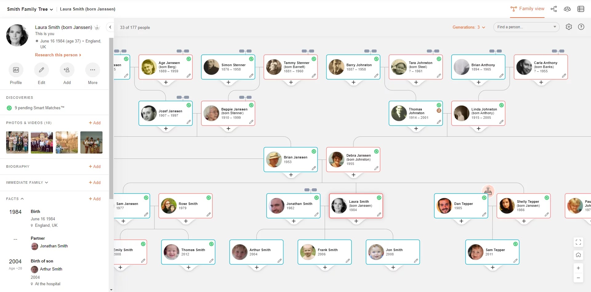 Семейное дерево в режиме Family View сервиса MyHeritage