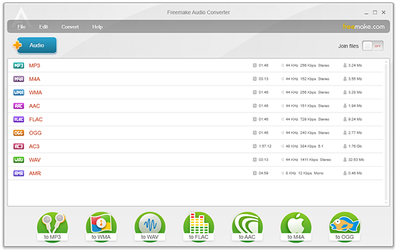 Главное окно Freemake Audio Converter со списком добавленных аудиофайлов