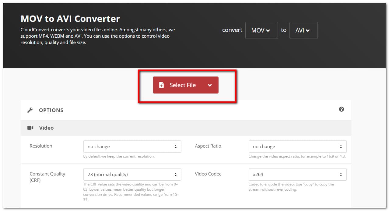 CloudConvert MOV to AVI с кнопкой Select File и параметрами Resolution и Quality