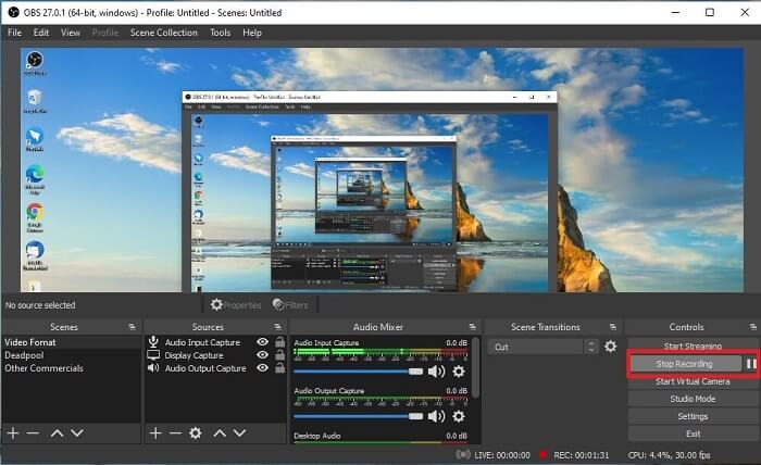 Интерфейс OBS Studio 27 с источниками, аудиомикшером и активной записью