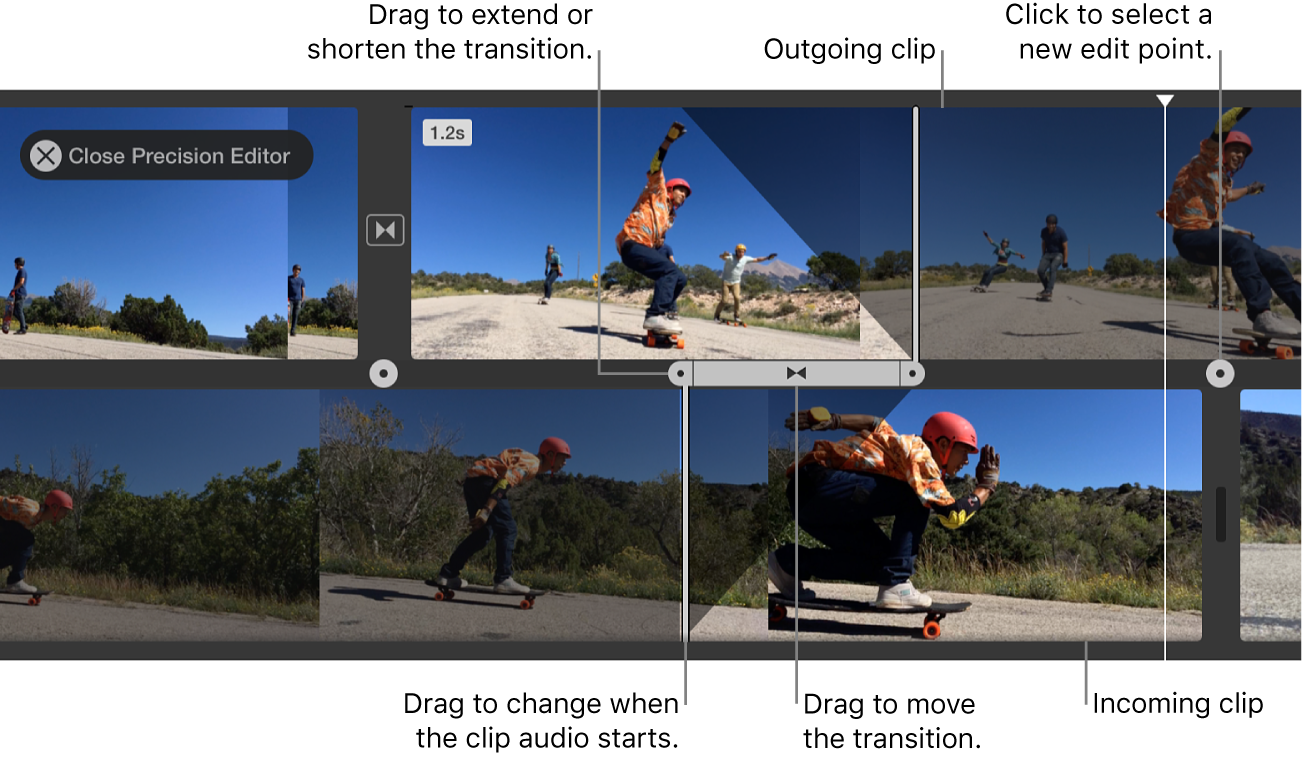 Precision Editor в iMovie на Mac с клипами, переходом и точками монтажа