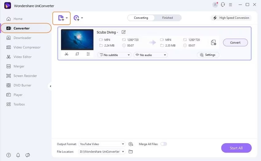 Окно Wondershare UniConverter с модулем Converter и файлом в очереди