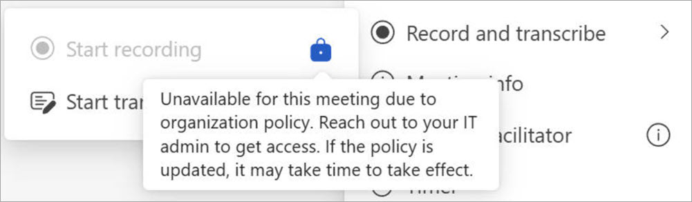 Недоступная кнопка Start recording в Microsoft Teams с пояснением о политике организации