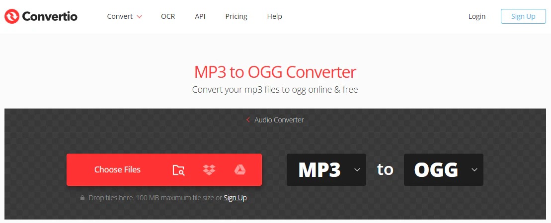 Интерфейс Convertio для конвертации MP3 в OGG