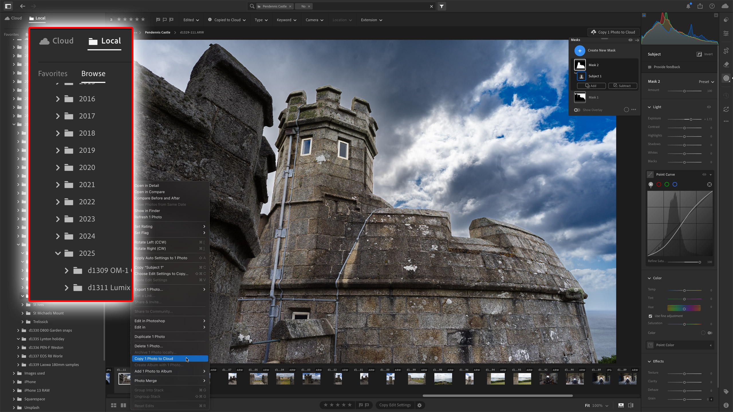 Интерфейс Adobe Lightroom с локальными папками, плёнкой кадров и панелью редактирования