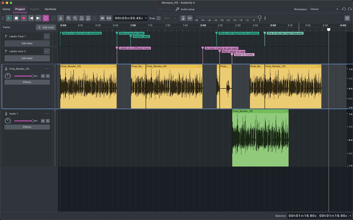 Интерфейс Audacity 4 с несколькими аудиоклипами, дорожками меток и временной шкалой