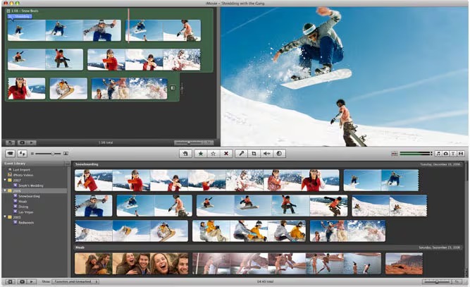 Интерфейс iMovie с медиатекой, окном просмотра и монтажной шкалой
