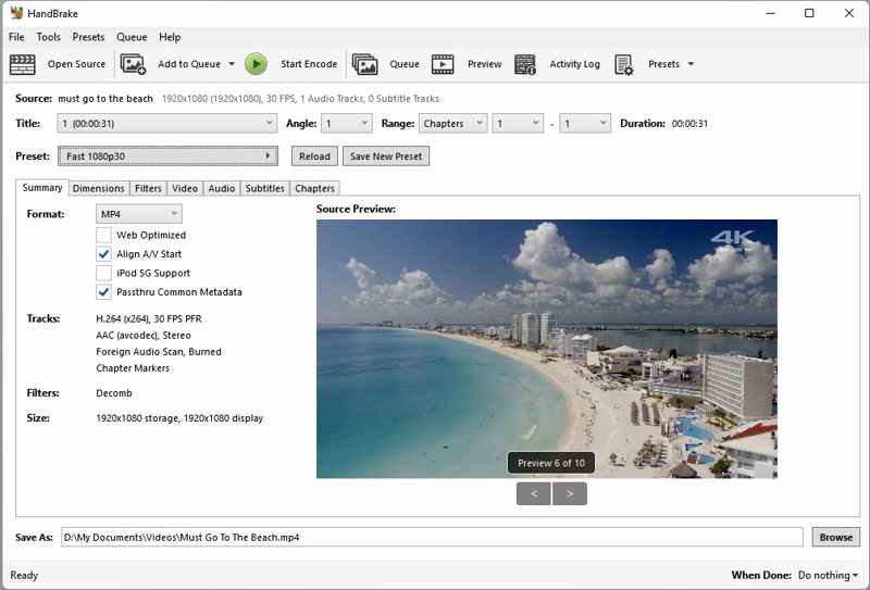 Интерфейс HandBrake с выбором MP4 и кнопкой Start Encode