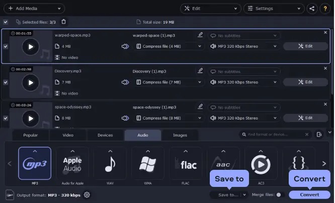 Интерфейс Movavi Video Converter с вкладкой Audio и профилем MP3