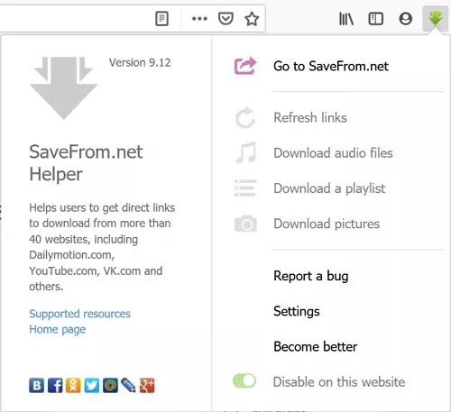 Панель браузерного расширения SaveFrom.net Helper
