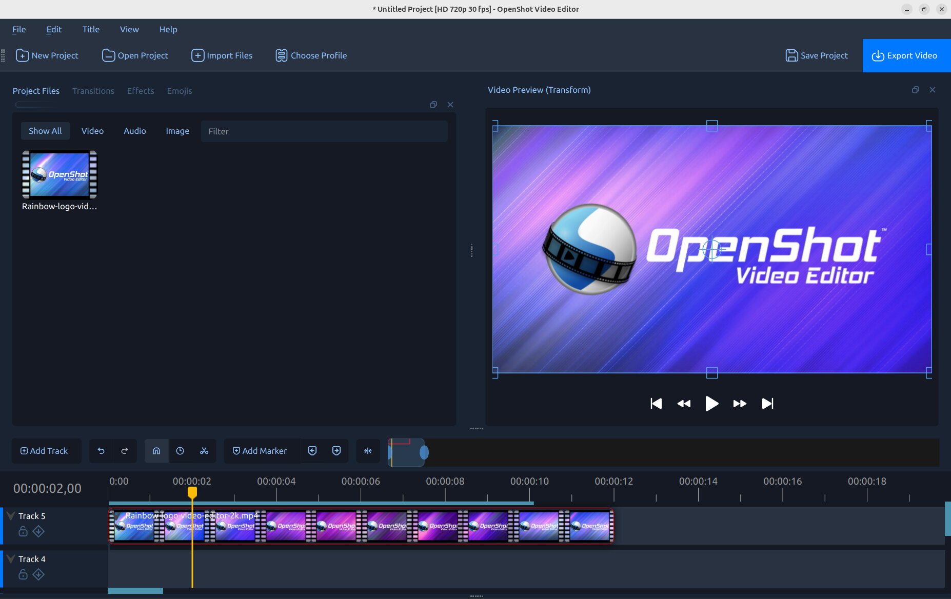 Интерфейс OpenShot с Project Files, Video Preview и таймлайном