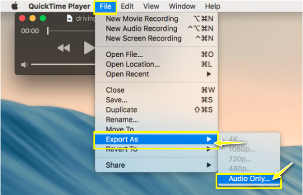 QuickTime Player с меню экспорта аудио из видео